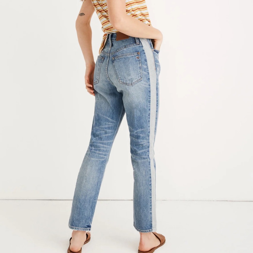 Madewell High Rise Slim Crop Boyjean in Wexford Wash Tuxedo Pieced Denim Sz 25